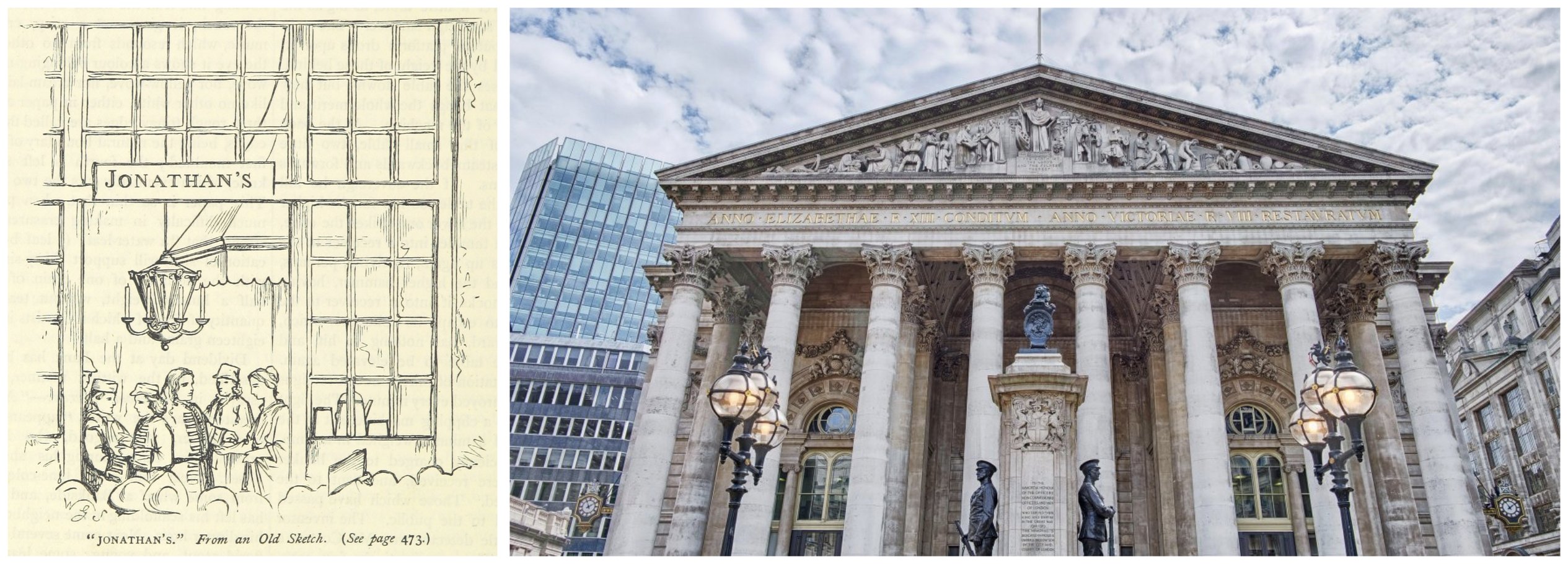 Historic Jonathan’s Coffee House illustration next to the modern London Stock Exchange building