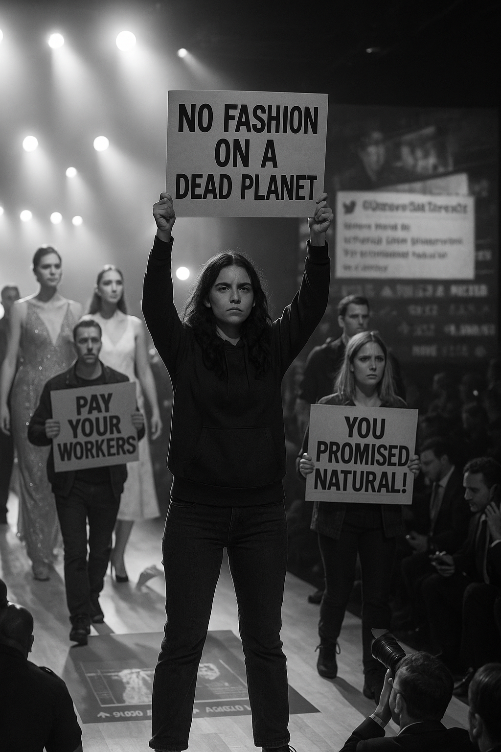 Activists interrupting the Silk Threads runway show during Paris Fashion Week