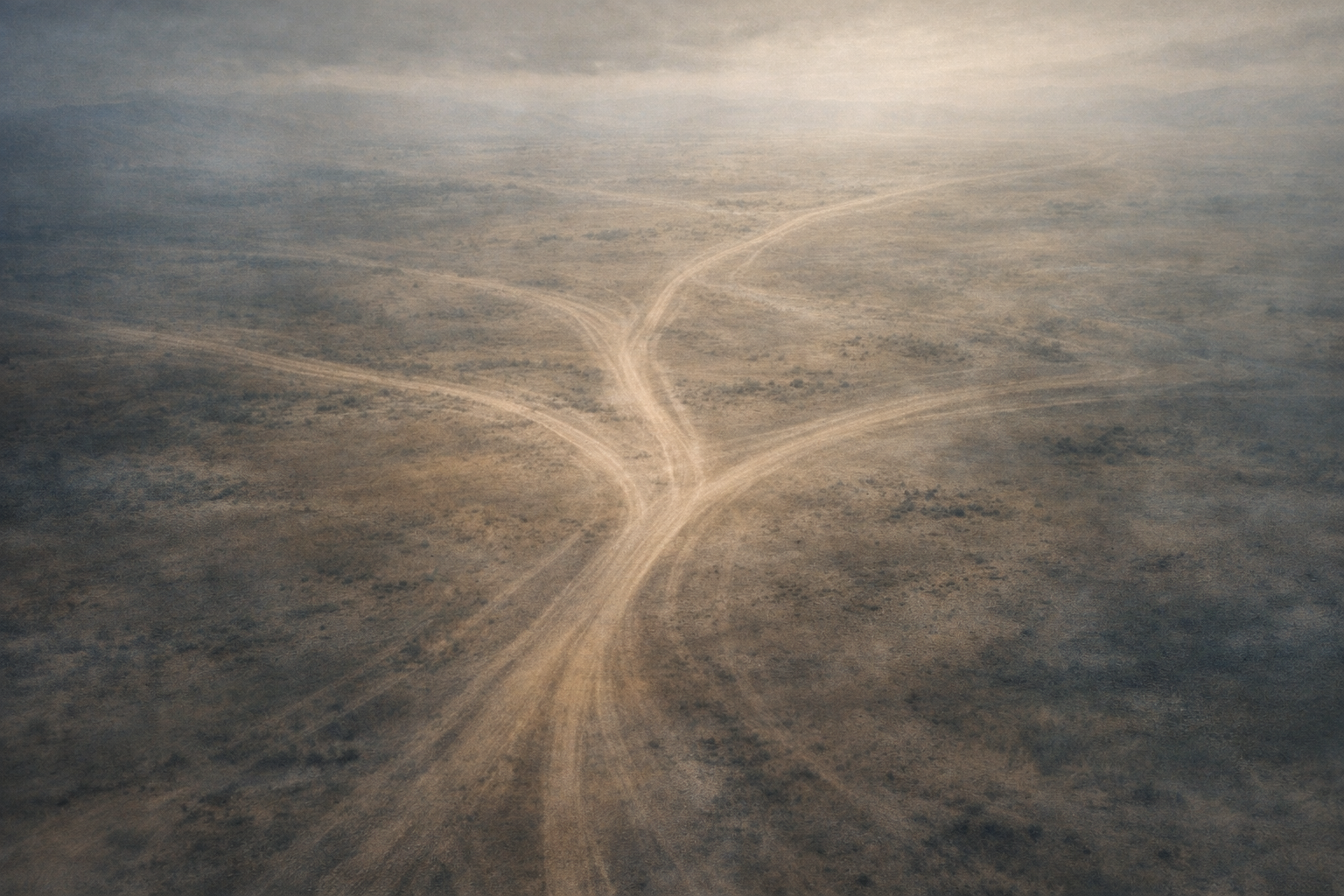 Abstract crossroads — multiple decision paths compressing into a governable space