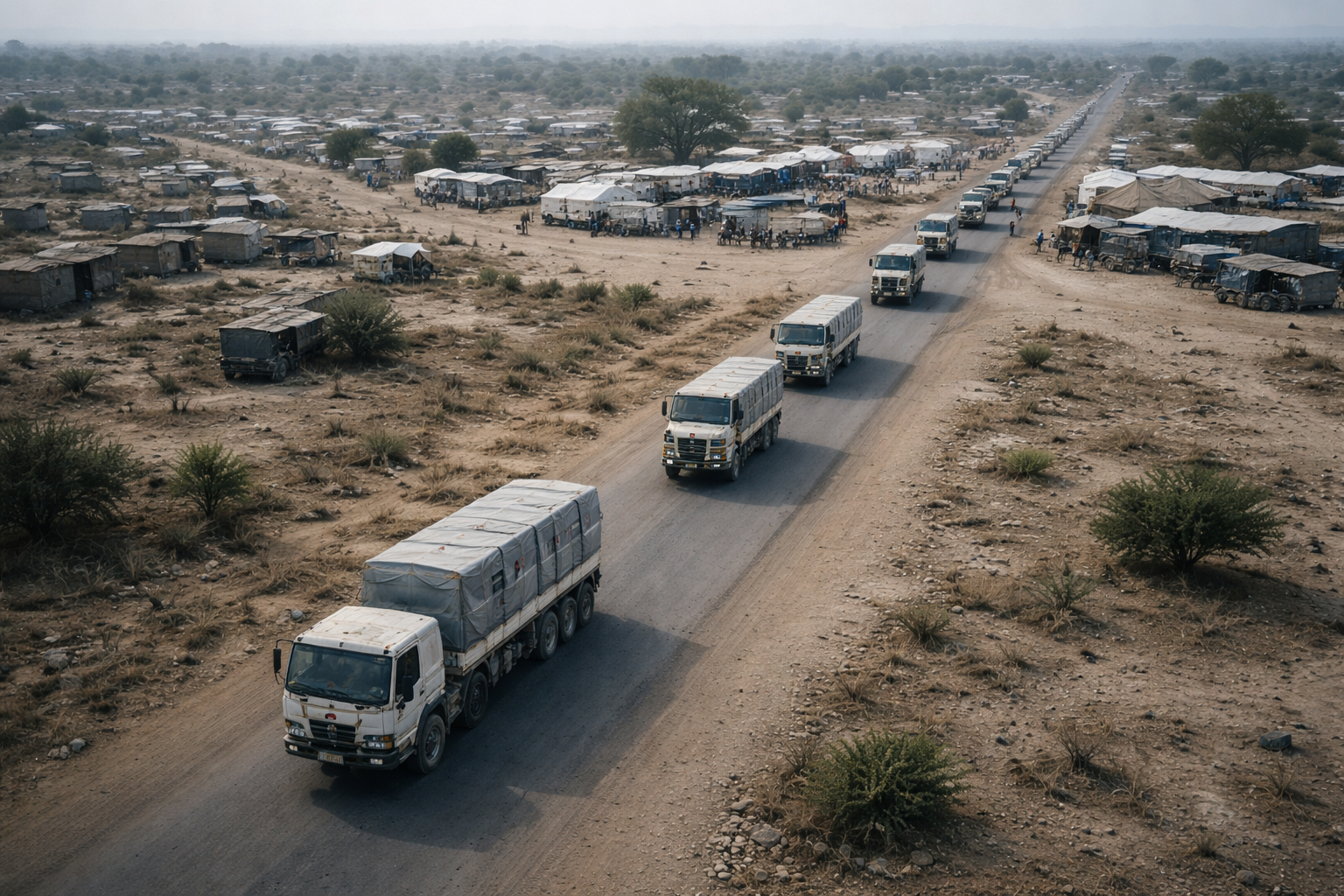 Aid convoy moving along a constrained corridor as momentum turns decisions into irreversible action