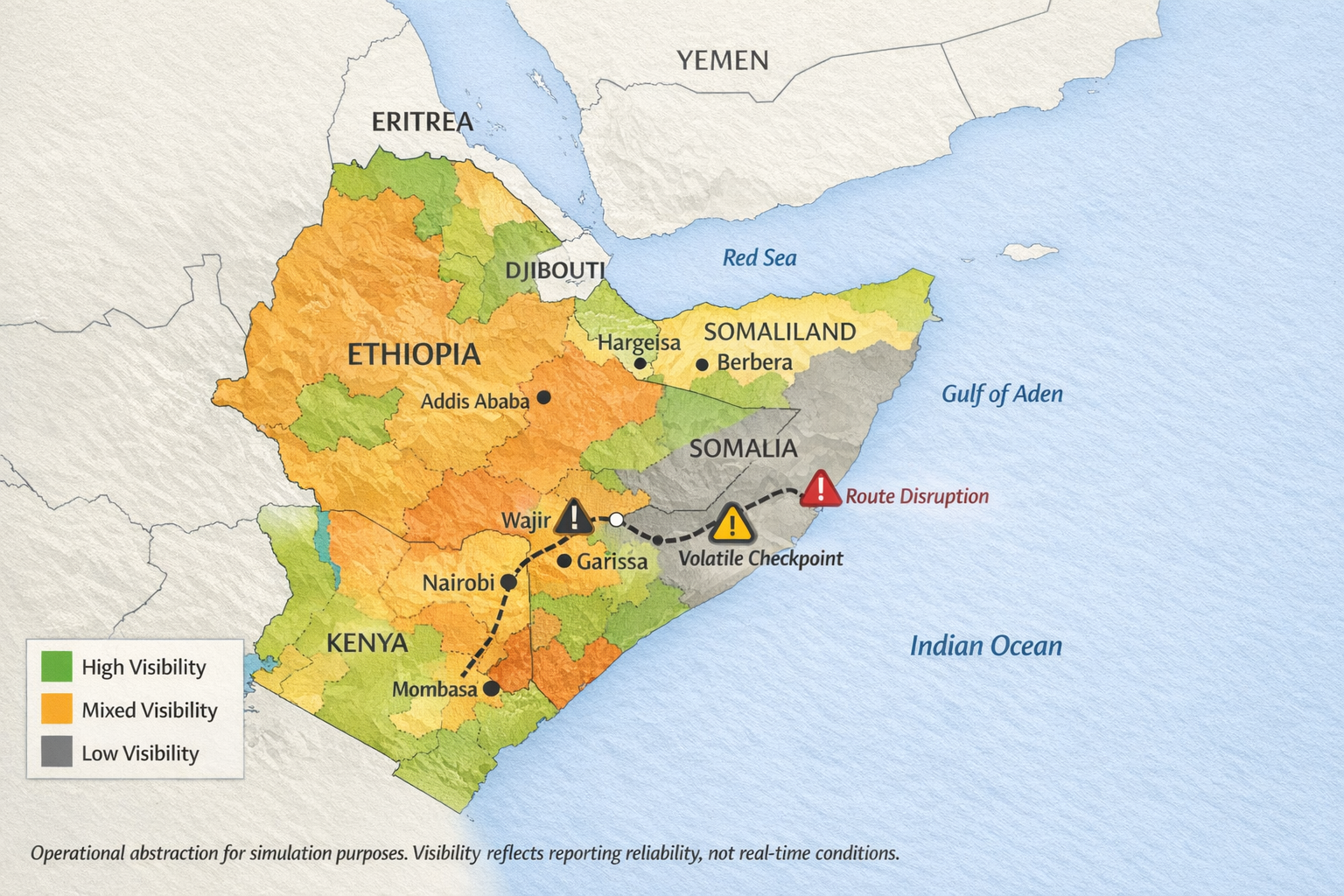 Operational map of the Horn of Africa showing countries, key hubs, corridors, and visibility zones
