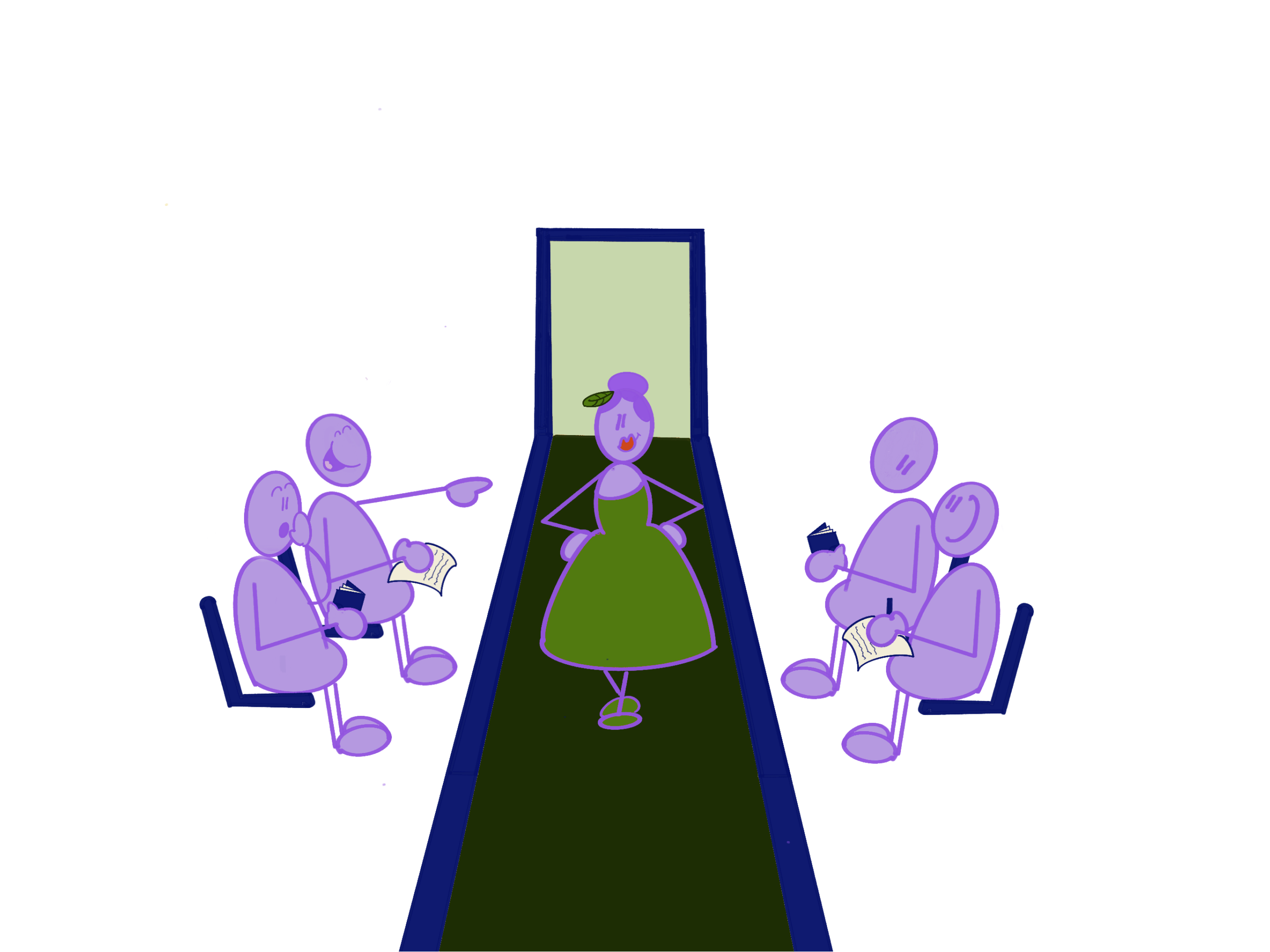 Illustration of a Silk Threads fashion runway with observers taking notes